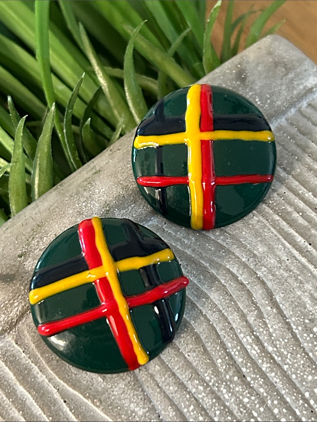 Vintage Round Green Enamel Post-Back Earrings With Red & Yellow Crosshatches